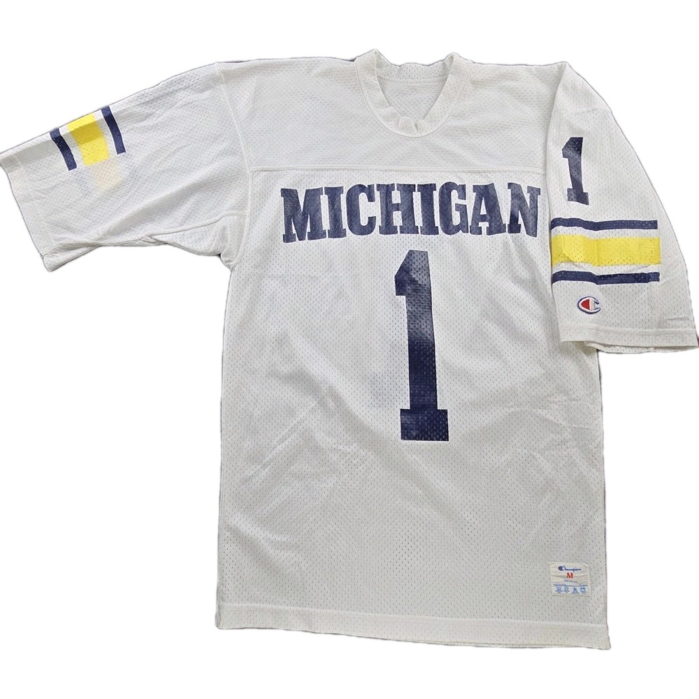 Vintage 80s Champion Michigan Wolverines #1 Mesh Football Jersey Made in USA M